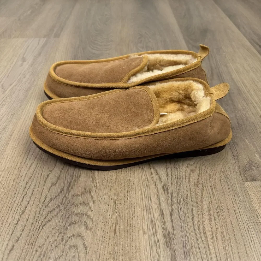 L.L. Bean Slipper Shoes Mens Size 12 Brown Suede Shearling Lined Moccasin Indoor